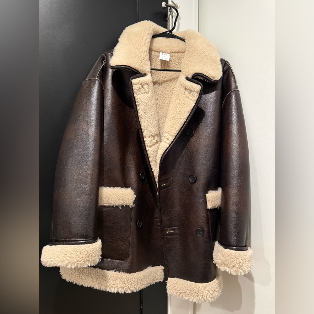 GAP Reversible Brown Leather Coat with Shearling Faux